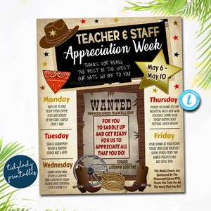 Western Themed Teacher Appreciation Week Itinerary Poster, Wild West Appreciation Week Schedule Events, INSTANT DOWNLOAD EDITABLE Template