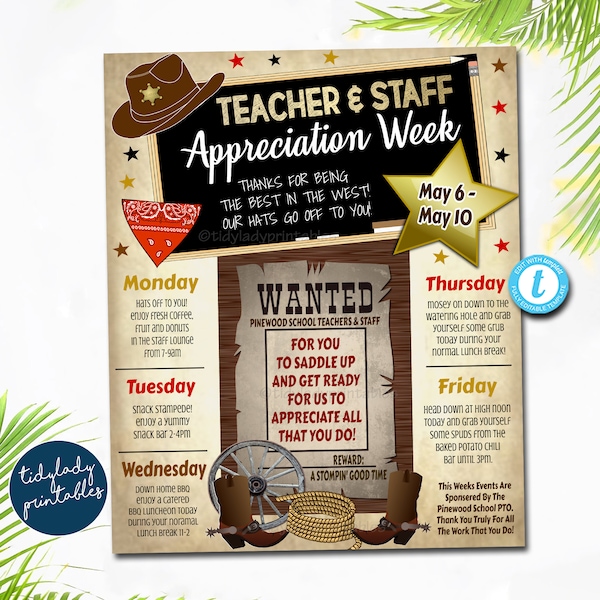 Western Themed Teacher Appreciation Week Itinerary Poster, Wild West Appreciation Week Schedule Events, INSTANT DOWNLOAD EDITABLE Template