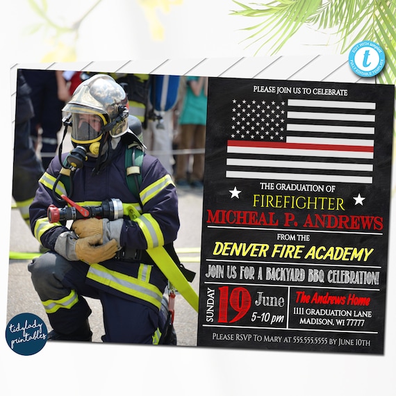 Editable Firefighter Graduation Invitation Chalkboard Printable Digital Invite, Graduation Party, Fireman BBQ Thin Red Line Celebration Il_570xn