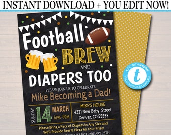 Editable Football and Beer Baby Shower Invitation Chalkboard Printable Baby Sprinkle, Big Game Couples Shower Party Invite INSTANT DOWNLOAD