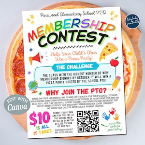 May include: A colorful flyer for Pinewood Elementary School's PTO Membership Contest, with the text "Membership Contest" in large, multi-colored letters. The flyer promotes a pizza party for the winning class and includes a QR code.