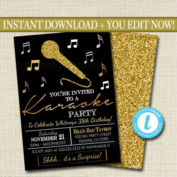 EDITABLE Adult Karaoke Party Invitation, Birthday Invitation, DIY Digital Invite, Black & Gold Party Invitation, Karaoke Party Singing Party