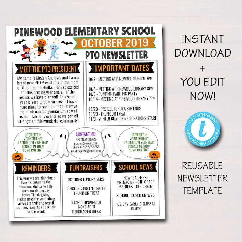 October PTO PTA Newsletter: Halloween Fall Template (editable Printable ...