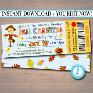 Printable Fall Carnival Ticket Invitation, Fall Festival Party Invitation, Birthday Party, Kid's Halloween Party Invite, INSTANT DOWNLOAD