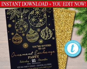 EDITABLE Ornament Exchange Party Invitation Xmas Bridal Shower Invite, Bachelorette Party Holiday Invite, Dirta Santa Party INSTANT DOWNLOAD