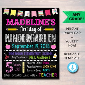 Back to School Sign, First Day of School Chalkboard Poster Personalized School Chalkboard Sign, Any Grade Sign, 1st Day of School, Editable