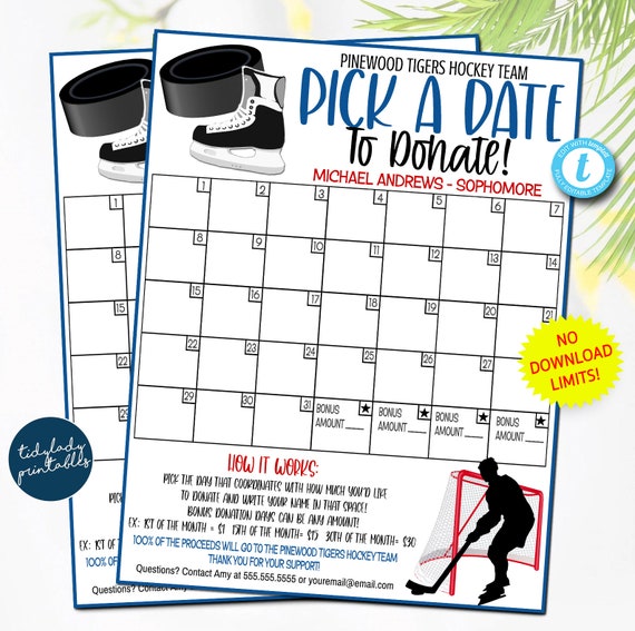 EDITABLE Hockey Pick a Date to Donate Printable, Ice Hockey Fundraiser