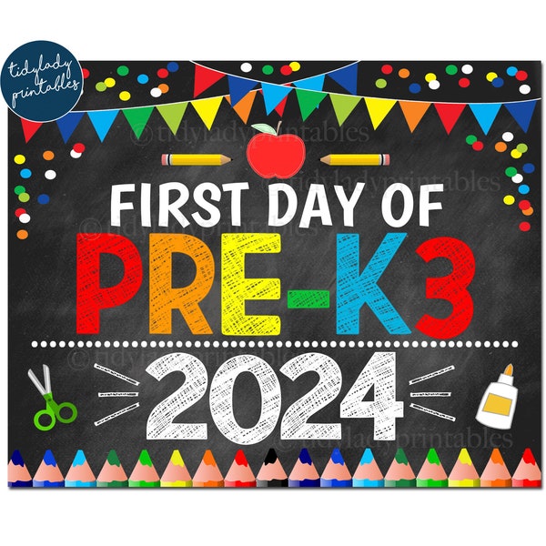 First Day of PRE-K3 2024, Printable Back to School Chalkboard Sign, Primary Colors Boy Banner Confetti Digital Instant Download