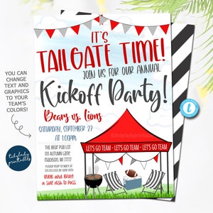 May include: A red, white, and blue tailgate party invitation with a cartoon illustration of a red tent, a grill, and two chairs. The text reads "It's Tailgate Time! Join us for our annual Kickoff Party! Bears vs. Lions Saturday, September 27 at 1:00pm The Bear Pub Lot 1111 Autumn Lane Madison, WI 77777 Please RSVP to Mary at 555.555.5555 by June 10th BYOB and bring a side dish to pass Let's Go Team - Let's Go Team - Let's Go Team"
