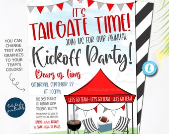 May include: A red, white, and blue tailgate party invitation with a cartoon illustration of a red tent, a grill, and two chairs. The text reads "It's Tailgate Time! Join us for our annual Kickoff Party! Bears vs. Lions Saturday, September 27 at 1:00pm The Bear Pub Lot 1111 Autumn Lane Madison, WI 77777 Please RSVP to Mary at 555.555.5555 by June 10th BYOB and bring a side dish to pass Let's Go Team - Let's Go Team - Let's Go Team"