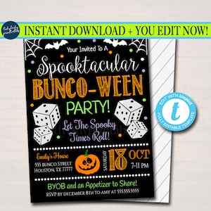 Halloween Bunco Party Invitation, Spooktacular Bunco Dice Party Invite, Adult Haunted Games Cocktail Party, Fall Printable EDITABLE TEMPLATE