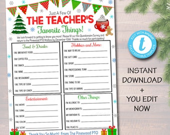 Christmas Teacher Favorites Survey, Teacher Holiday Wish List, Gift Exchange, All About My Teacher Printable Worksheet, EDITABLE TEMPLATE