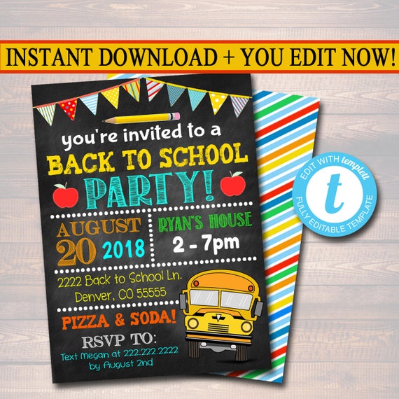 Teacher Classroom Party Bash Printable Digital Invite Backyard bbq Party Back to School Party EDITABLE End of School Party Invitation