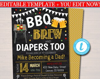 Invitación para baby shower con barbacoa: Baby-Q de pizarra, cervezas y pañales (descarga digital)
