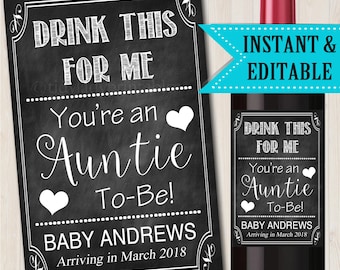 Auntie To Be Pregnancy Announcement Wine Label (Digital Download)