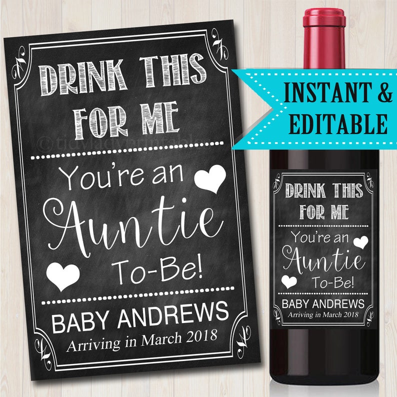 Drink This For Me You/'re An Auntie To Be Digital Wine Label Pregnancy Announcement New Aunt Gift Sister Promoted to Aunt Pregnancy Reveal