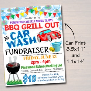 May include: A colorful flyer for a Pinewood Cheerleading Team fundraiser, featuring a BBQ Grill Out and Car Wash. Includes a red car graphic, a grill, and text that reads "Friday, June 13, 2pm - 4pm". The flyer can print in 8.5x11" and 11x14" sizes.