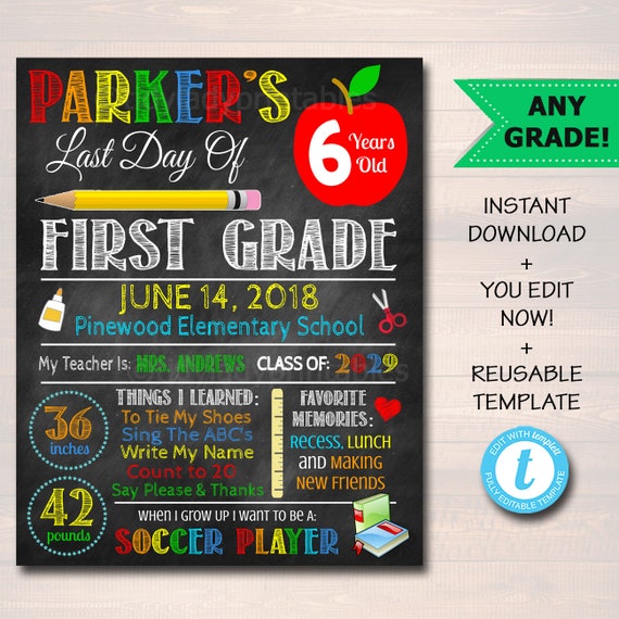 EDITABLE Last Day of School Photo Sign, Back to School Chalkboard Poster Personalized School Chalkboard Sign, Any Grade Sign, School Photo Il_570xn