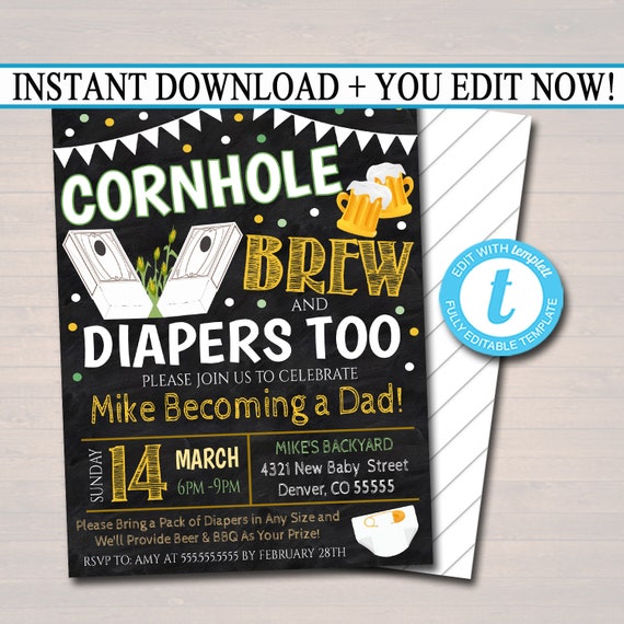 Cornhole and Beer Baby Shower Invitation Chalkboard Printable Baby Sprinkle Baby Q, Grill Couples Shower BBQ Party Invite, EDITABLE TEMPLATE Il_570xn