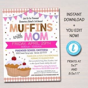 EDITABLE Muffins With Mom Invite, Printable PTA Flyer, Mother's Day Brunch Event, School Mom Appreciation Fundraiser Digital Invitation image 1