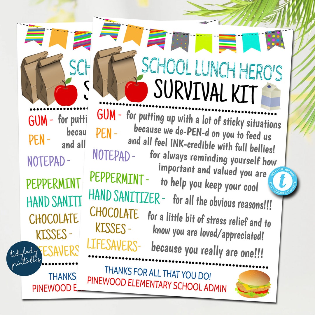 School Lunch Worker Survival Kit Gift Tags, National School Lunch Hero