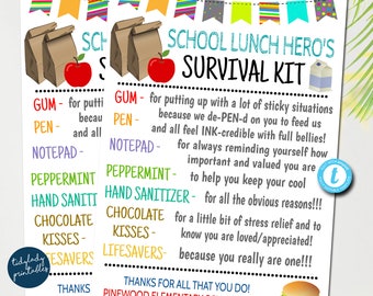 School Lunch Worker Survival Kit Gift Tags, National School Lunch Hero Day, School Staff Thank you Gift Card, Printable Editable Template