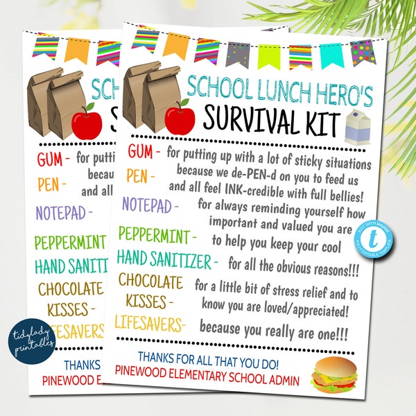 School Lunch Worker Survival Kit Gift Tags, National School Lunch Hero Day, School Staff Thank you Gift Card, Printable Editable Template