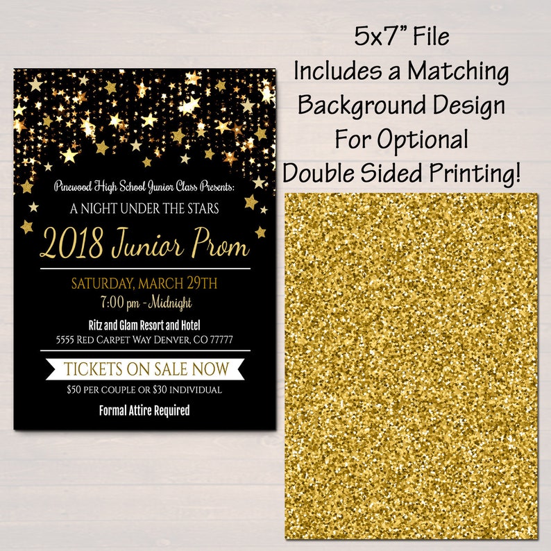 EDITABLE Prom Dance Invitation. Starry Night, Gold Glitter An Evening Under The Stars High School Dance Event, Pto, Pta INSTANT DOWNLOAD image 3