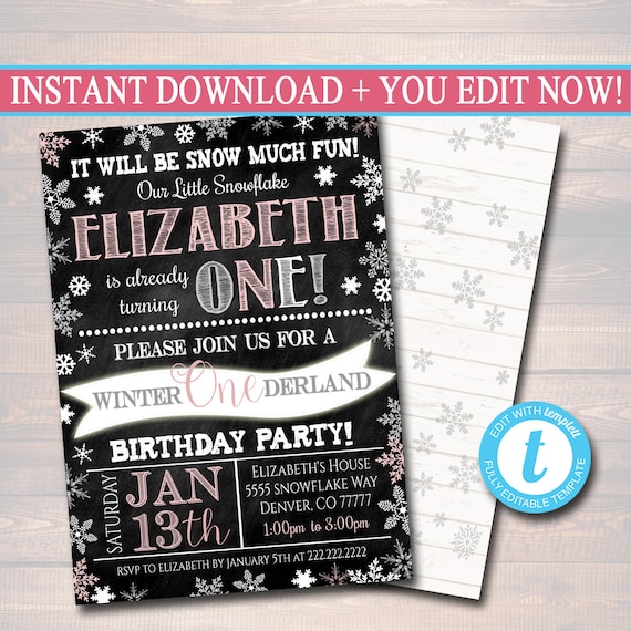 EDITABLE Winter Onederland Invitation, 1st Birthday Chalkboard Invite First Birthday Digital Invite Winter Wonderland Party INSTANT DOWNLOAD Il_570xn
