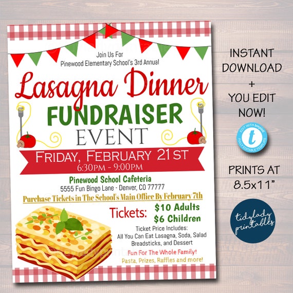 EDITABLE Lasagna Dinner Fundraiser Flyer, pto pta, Church Community