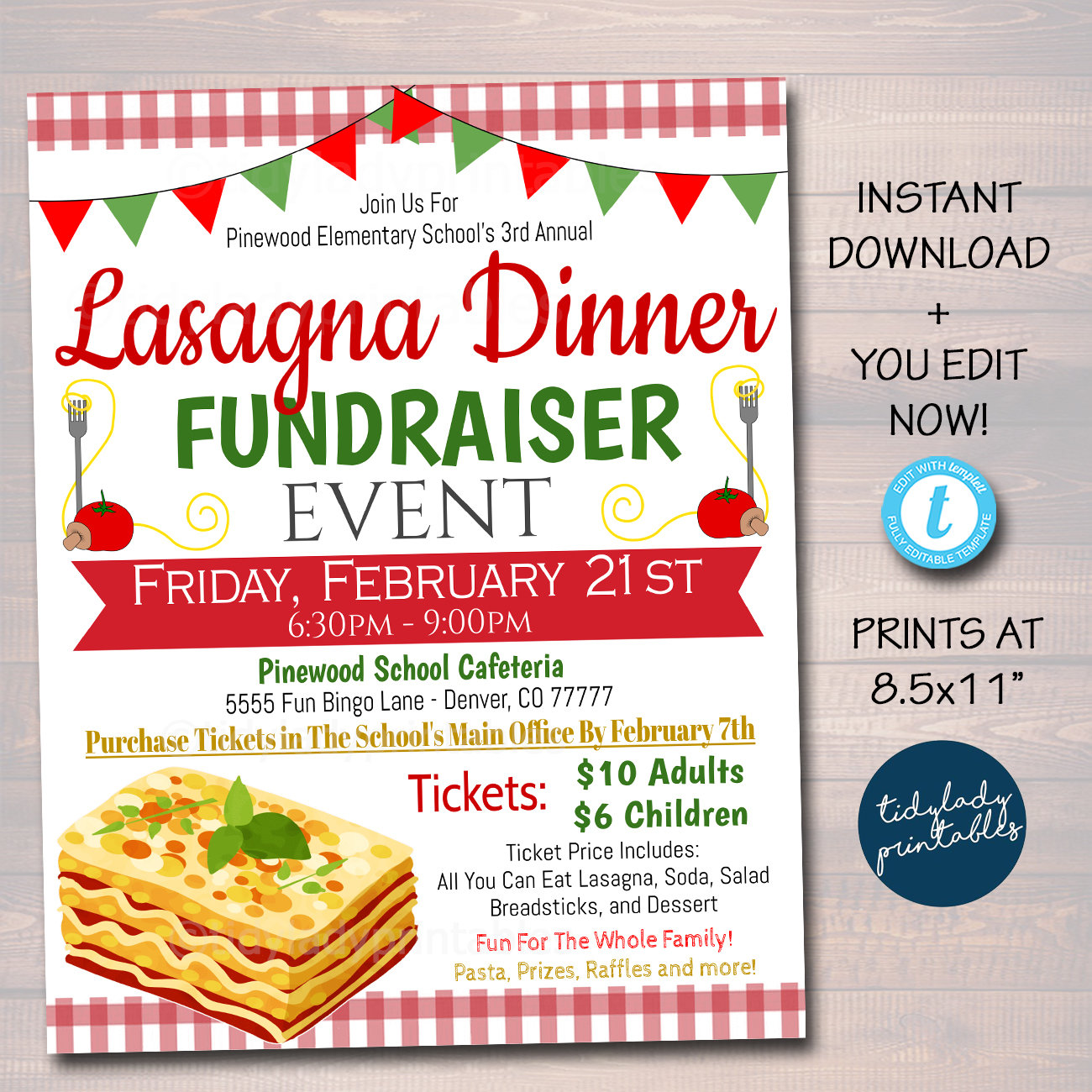 Lasagna Dinner Fundraiser Flyer: Editable School Event