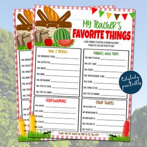 Encuesta de favoritos para profesores con temática de picnic, lista de deseos para profesores, hoja de trabajo para la Semana de agradecimiento a los profesores con picnic de verano, plantilla editable