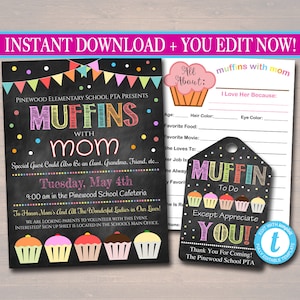 Muffins With Mom Set: Editable PTA Flyer, Thank You Tags (Digital)