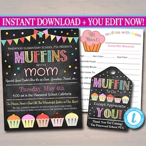 EDITABLE Muffins With Mom Set Thank You Tags, Printable PTA Flyer, Mother's Day Event, School Mom Appreciation Fundraiser Digital Invitation image 1