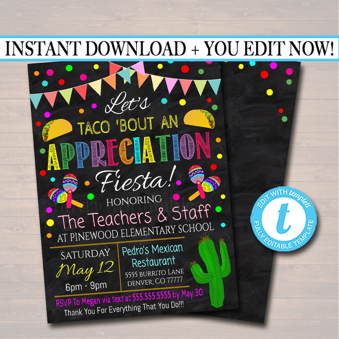 Editable Fiesta Invite Teacher Appreciation Staff Invitation Chalkboard ...