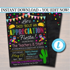 Editable Fiesta Invite Teacher Appreciation Staff Invitation Chalkboard Printable Appreciation Week Invite, Luncheon Flyer, INSTANT DOWNLOAD