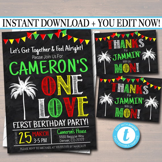 Editable One Love First Birthday Party Invitation Jamaica Reggae