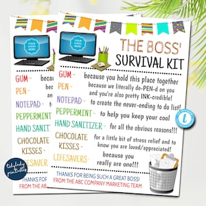 Etiquetas para presentes do Boss Survival Kit, Dia do Profissional Corporativo, Presentes para Gerente de RH Admin, Presente Gerencial de Empresa de Escritório Digital, Modelo Editável