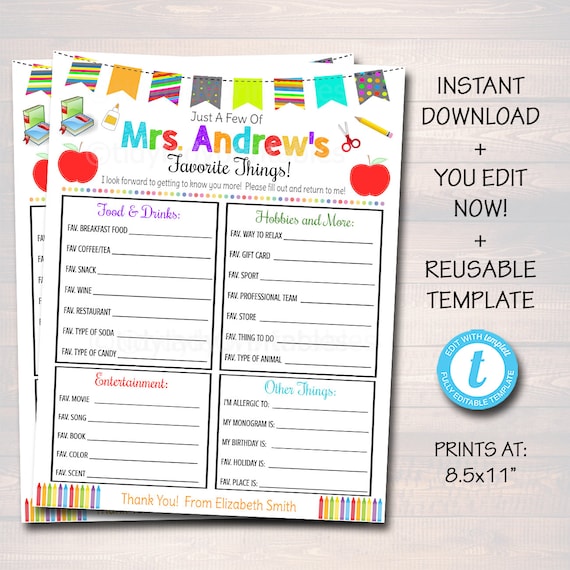 Editable Teacher Favorites Survey, Teacher Appreciation Fillable, Printable Back To School, All About My Teacher Worksheet, INSTANT DOWNLOAD Il_570xn