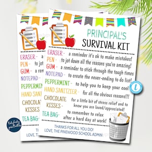 EDITABLE School Principal Survival Kit Printable, Back to School Gift, Pta Pto, Principal Appreciation Day, Thank You Gift Idea TEMPLATE
