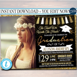Editable Graduation Invitation, The Tassel Was Worth The Hassle Printable, College Grad Invite, Graduation Gold Glitter Template with Photo