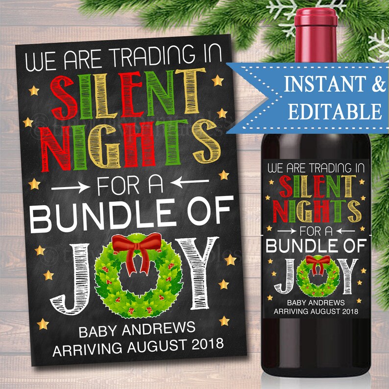 INSTANT DOWNLOAD Editable Christmas Pregnancy Announcement Wine Label Printable Wine Label Holiday Trading Silent Nights For Bundle of Joy