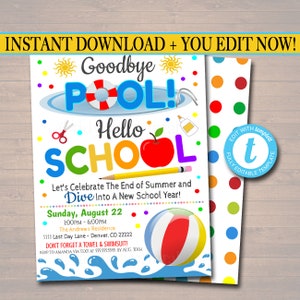 EDITABLE End of Summer Pool Party Invitation, Printable Digital Invite, Goodbye Pooll Hello School Party, Backyard bbq Invite, Splish Splash image 1