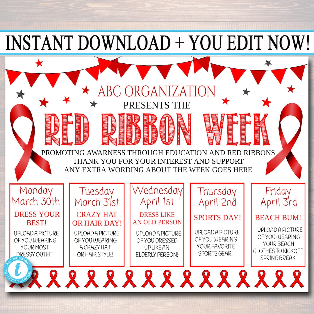 Red Ribbon Week Itinerary Schedule, Daily Weekly Calendar, School Pto