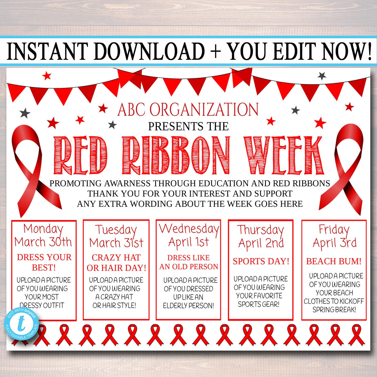 Red Ribbon Week Itinerary Schedule, Daily Weekly Calendar, School Pto,  Business Organization Nonprofit Planner Printable, Editable Template