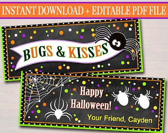 EDITABLE Bugs & Kisses Halloween Treat Bag Toppers, Halloween Favor Tags, Printable Trick or Treat Labels, Kids Halloween, INSTANT DOWNLOAD