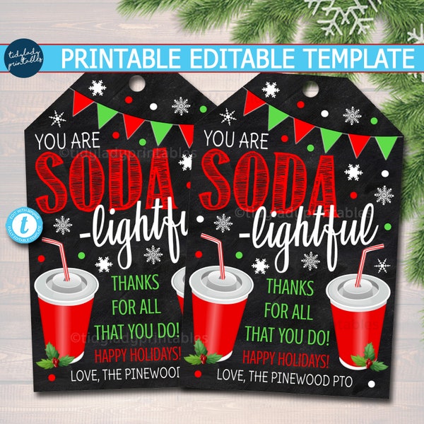 Christmas Soda Thank You Tags, Holiday Appreciation, Treat Printable Chalkboard Tags, Teacher Volunteer Staff Thank You, Editable Template