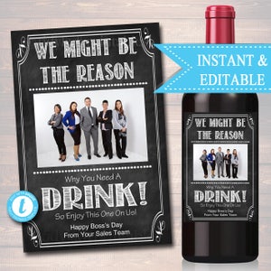 EDITABLE Employer Boss Wine Label Christmas INSTANT DOWNLOAD Birthday Gift Coworker Appreciation Printable Wine Label Gift From Office Staff image 1