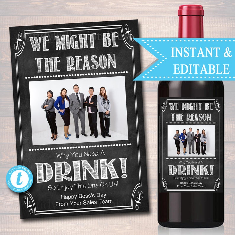 EDITABLE Employer Boss Wine Label Christmas INSTANT DOWNLOAD Birthday Gift Coworker Appreciation Printable Wine Label Gift From Office Staff image 1