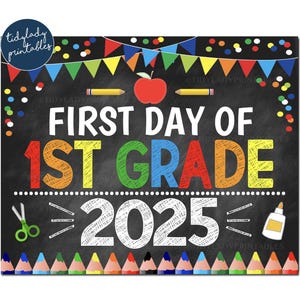 Premier jour de la première année 2025, panneau imprimable pour la rentrée des classes, confettis garçon couleurs primaires, 1re année téléchargement numérique